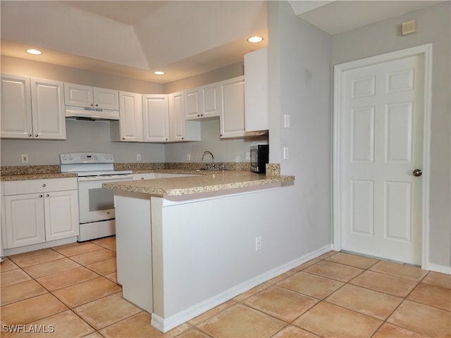 kitchen with kitchen peninsula, white cabinetry, light tile patterned flooring, white range with electric stovetop, and sink