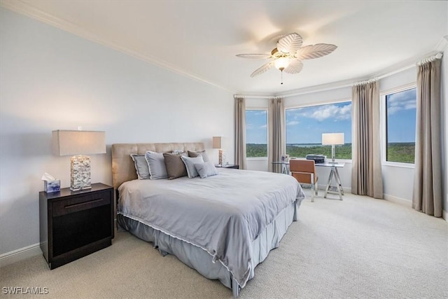 4875 Pelican Colony Blvd Unit 304, Bonita Springs, FL 34134 - bedroom featuring light carpet, ornamental molding, and ceiling fan