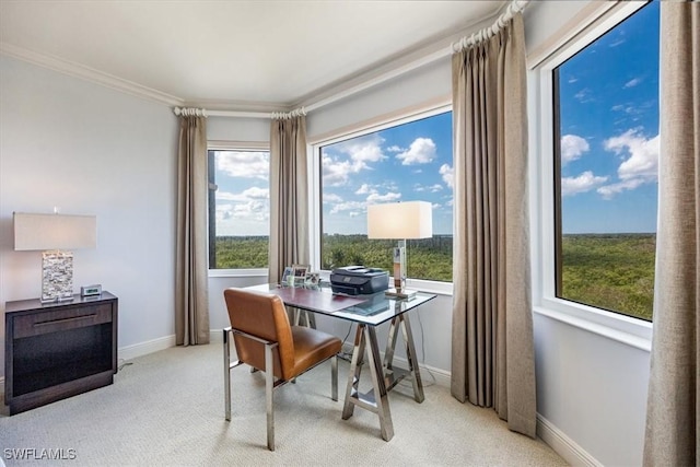 4875 Pelican Colony Blvd Unit 304, Bonita Springs, FL 34134 - dining space with an office area, light carpet, and ornamental molding