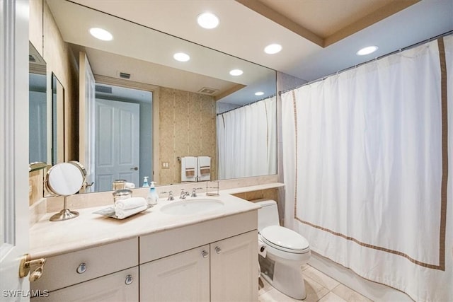 4875 Pelican Colony Blvd Unit 304, Bonita Springs, FL 34134 - full bathroom featuring recessed lighting, vanity, a shower with curtain, and wallpapered walls
