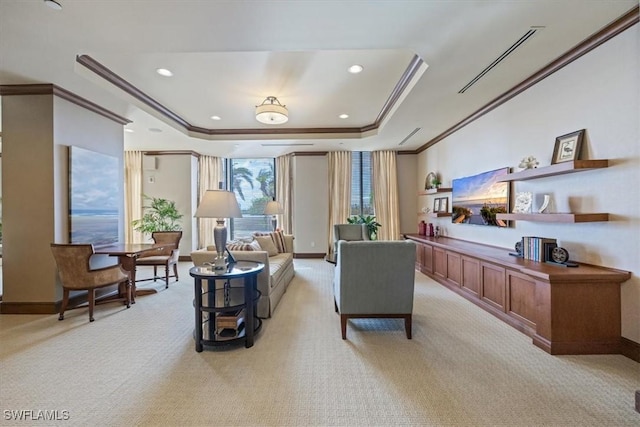 4875 Pelican Colony Blvd Unit 304, Bonita Springs, FL 34134 - living area featuring ornamental molding, a tray ceiling, light carpet, and recessed lighting
