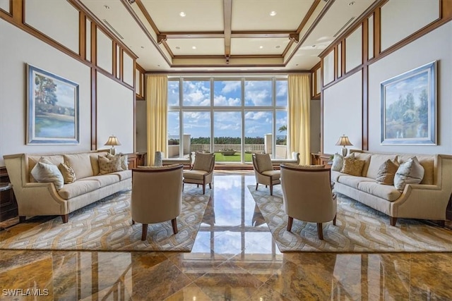 4875 Pelican Colony Blvd Unit 304, Bonita Springs, FL 34134 - building lobby with a towering ceiling, crown molding, coffered ceiling, and beamed ceiling