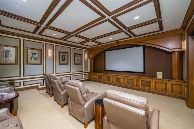 carpeted cinema with beam ceiling and coffered ceiling