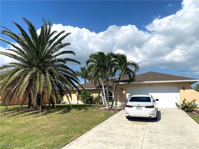 view of front of home featuring stucco siding, concrete driveway, a front lawn, and a garage