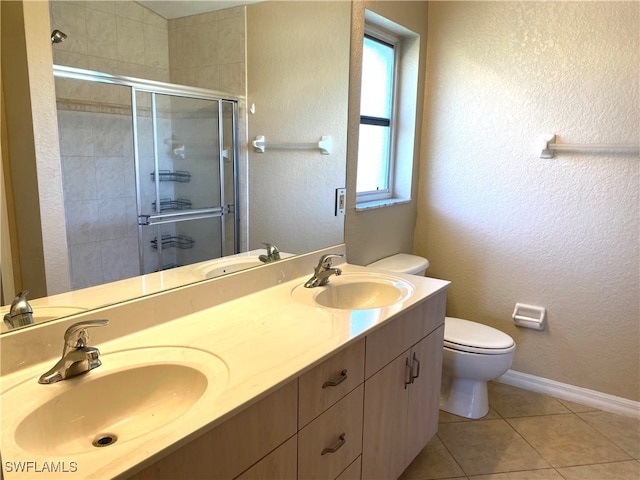 bathroom featuring vanity, walk in shower, tile patterned flooring, and toilet