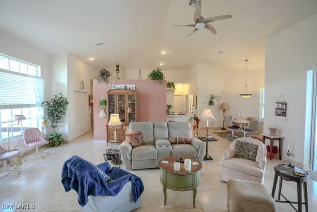 living room with ceiling fan