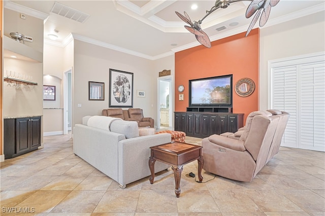 living room with crown molding, a high ceiling, and ceiling fan