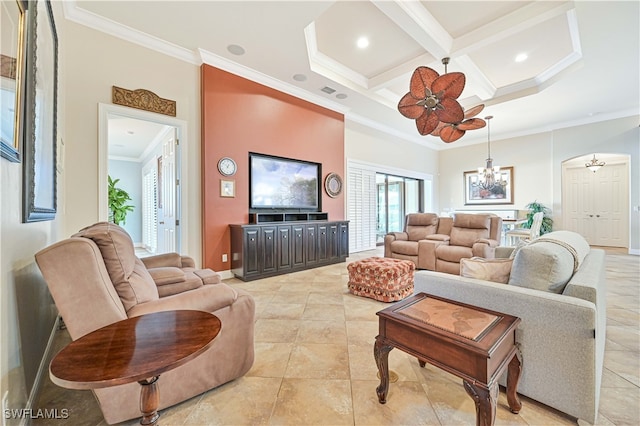 living room with coffered ceiling, crown molding, and ceiling fan