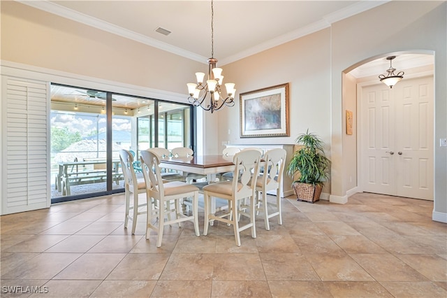 dining room with crown molding, light tile patterned flooring, and a notable chandelier