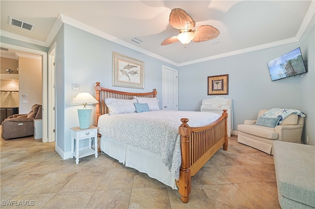 bedroom featuring crown molding and ceiling fan