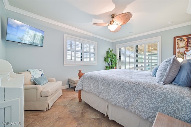 bedroom featuring ornamental molding and ceiling fan