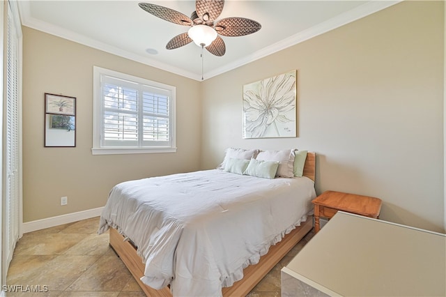 bedroom featuring ornamental molding and ceiling fan