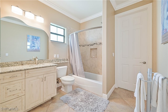 full bathroom with toilet, tile patterned flooring, shower / bath combination with curtain, ornamental molding, and vanity