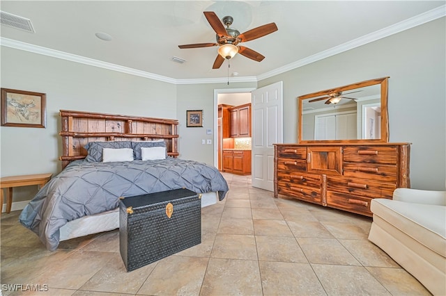 bedroom featuring ceiling fan, ornamental molding, and light tile patterned floors