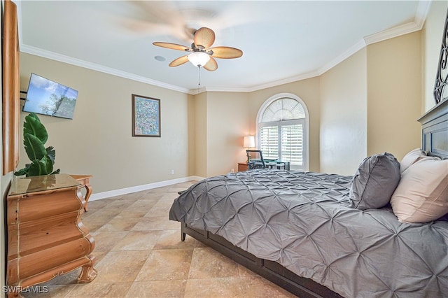 bedroom with ornamental molding and ceiling fan