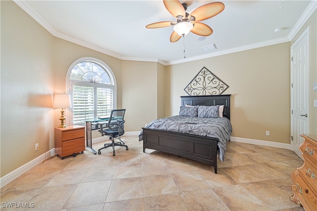 bedroom with ceiling fan and ornamental molding