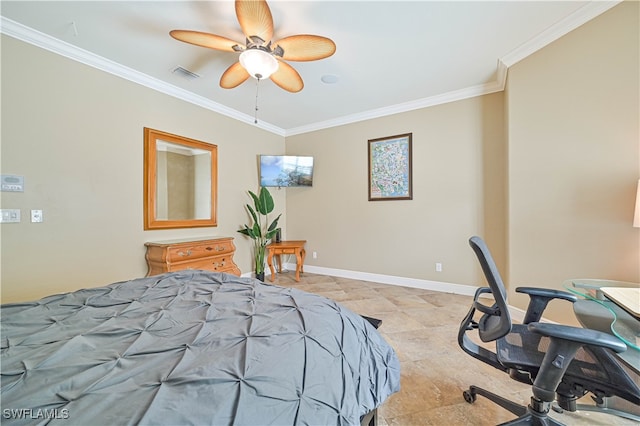 bedroom with ornamental molding and ceiling fan