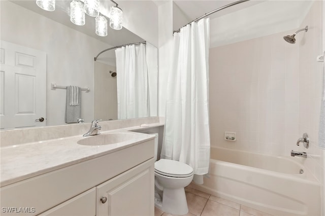 full bathroom with tile patterned flooring, vanity, toilet, and shower / tub combo with curtain