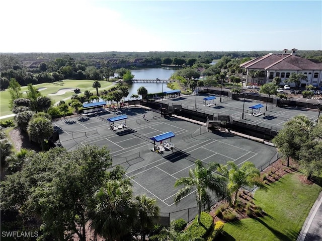 bird's eye view with a water view