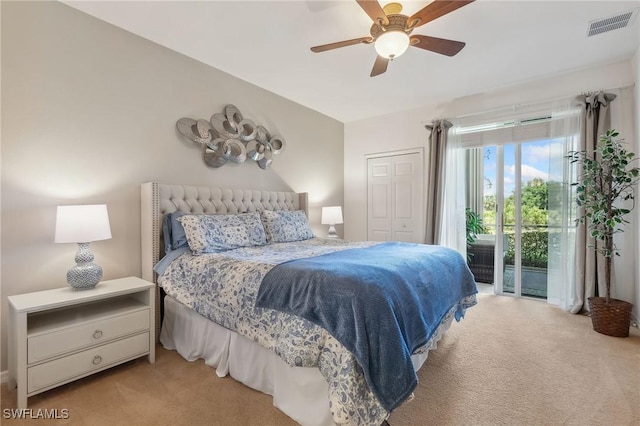 20301 E Calice Ct Unit 2002, Estero, FL 33928 - carpeted bedroom with a closet, visible vents, access to exterior, and ceiling fan