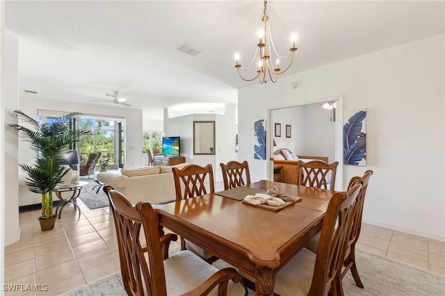 20301 E Calice Ct Unit 2002, Estero, FL 33928 - dining space with light tile patterned floors, baseboards, visible vents, and ceiling fan with notable chandelier