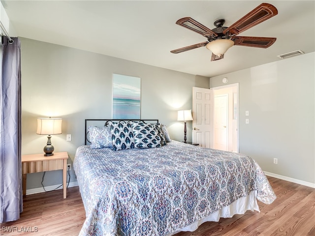 bedroom featuring ceiling fan and wood-type flooring