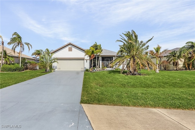 single story home featuring a front yard and a garage