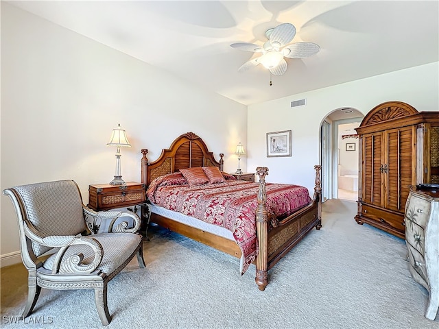 bedroom featuring ceiling fan and light carpet