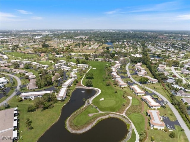 aerial view with a residential view, a water view, and view of golf course