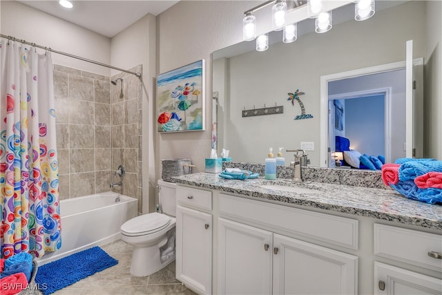 full bathroom with toilet, vanity, shower / bath combination with curtain, and tile patterned flooring