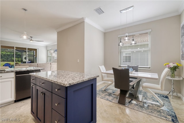 kitchen featuring dishwasher, hanging light fixtures, ornamental molding, light stone countertops, and white cabinetry