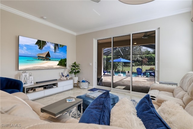 living room featuring tile patterned flooring and crown molding