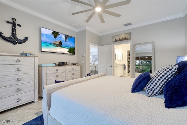 bedroom featuring ceiling fan, ensuite bath, and ornamental molding