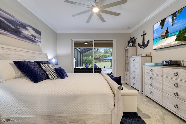 bedroom with ornamental molding, access to outside, and ceiling fan