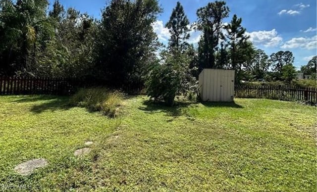 view of yard featuring a storage unit