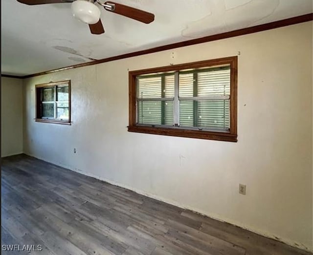 spare room featuring crown molding, a healthy amount of sunlight, and dark wood-type flooring