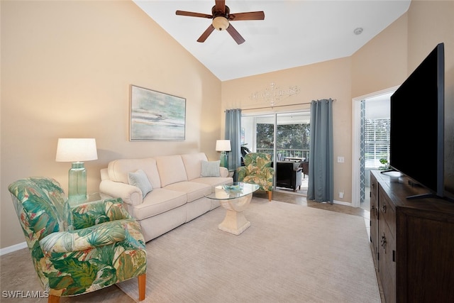 13010 Amberley Ct Unit 208, Bonita Springs, FL 34135 - living room featuring high vaulted ceiling, a ceiling fan, and baseboards