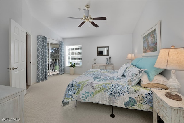 carpeted bedroom with ceiling fan and access to exterior