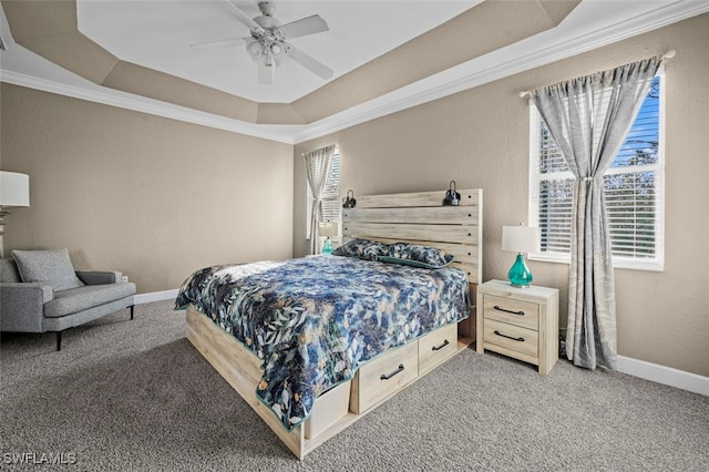 carpeted bedroom featuring multiple windows, a tray ceiling, ceiling fan, and ornamental molding