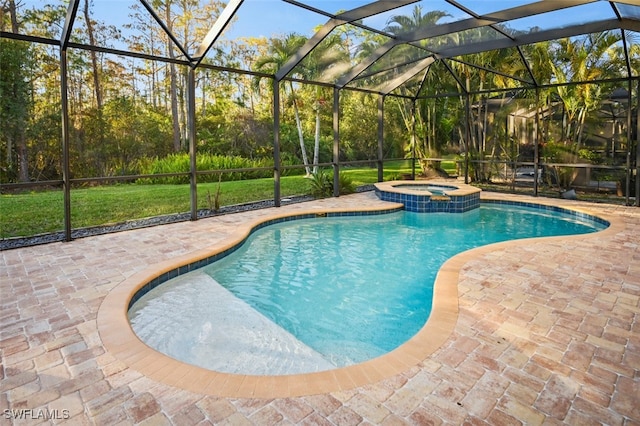 view of swimming pool featuring a lanai, an in ground hot tub, and a patio