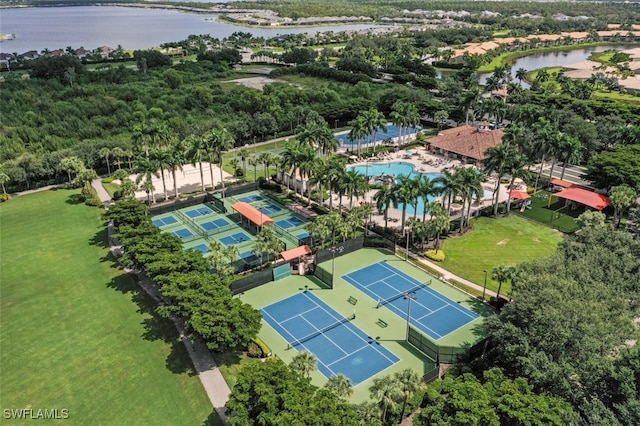 aerial view featuring a water view