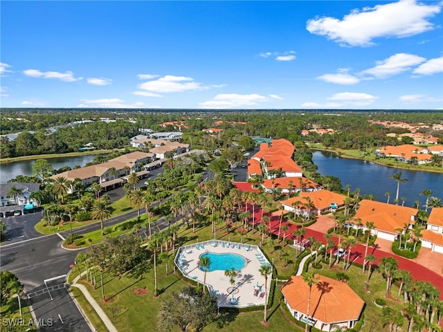 drone / aerial view featuring a water view