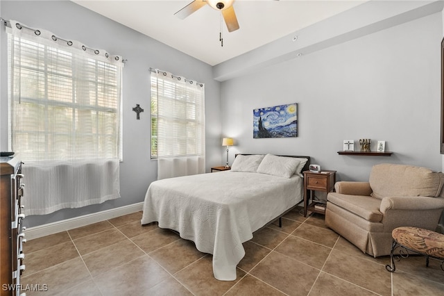 bedroom featuring ceiling fan and tile patterned floors