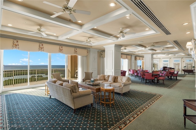 1001 Arbor Lake Dr Unit 1003, Naples, FL 34110 - building lobby with coffered ceiling, a water view, beamed ceiling, and recessed lighting