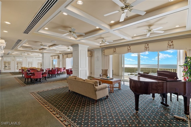 1001 Arbor Lake Dr Unit 1003, Naples, FL 34110 - common area with coffered ceiling, a water view, recessed lighting, and beamed ceiling