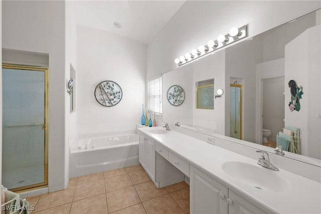 full bathroom with tile patterned flooring, vanity, toilet, and shower with separate bathtub