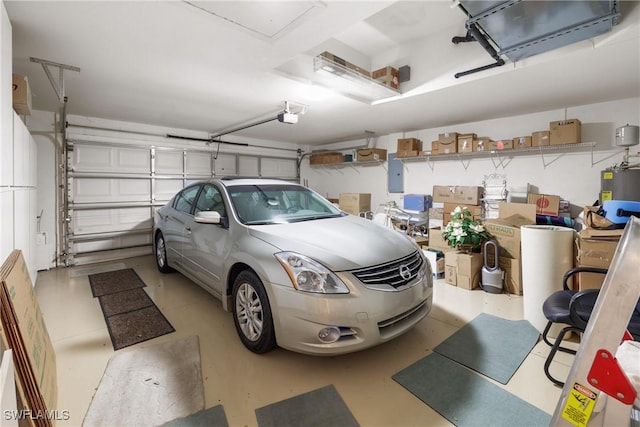 garage with electric panel, a garage door opener, and water heater