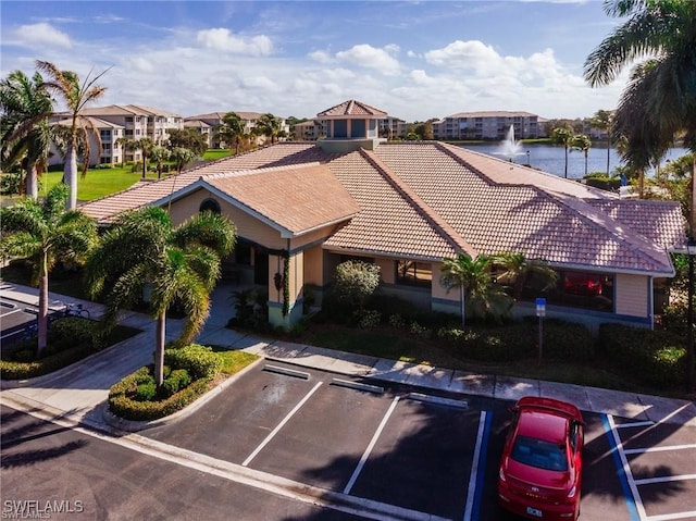 exterior space with a water view