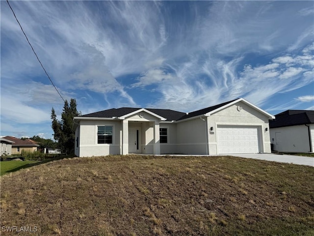 ranch-style home with stucco siding, a front yard, concrete driveway, and an attached garage