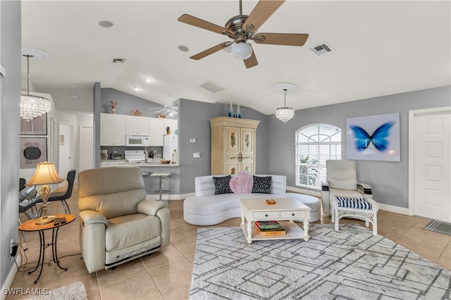 tiled living room with ceiling fan and lofted ceiling